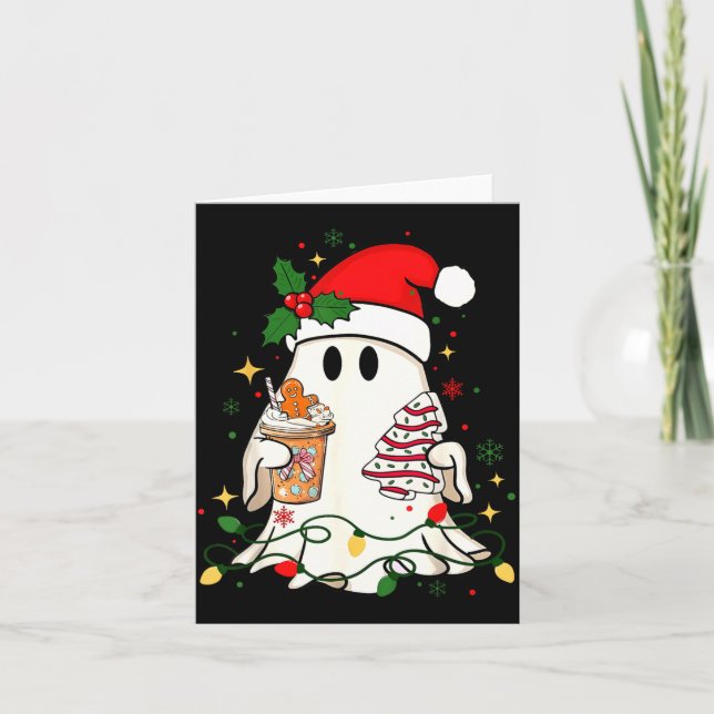 Tarjeta Cute Christmas Ghost Coffee Tree Cake Xmas Lights  (Anverso)