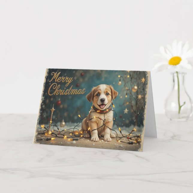 Tarjeta Cute Christmas Puppy with Lights Adorable Holiday  (Planta pequeña)