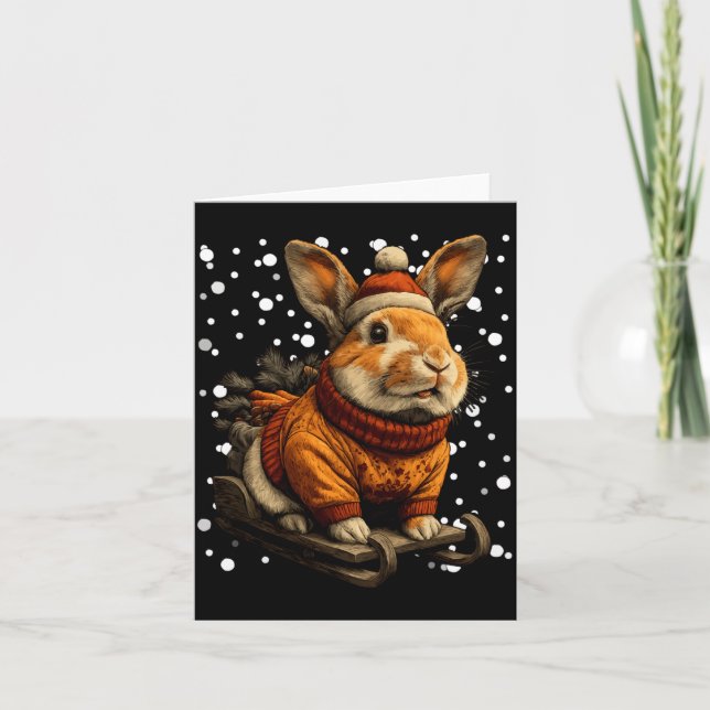 Tarjeta Cute Christmas Rabbit Sledding In Snow Funny Winte (Anverso)