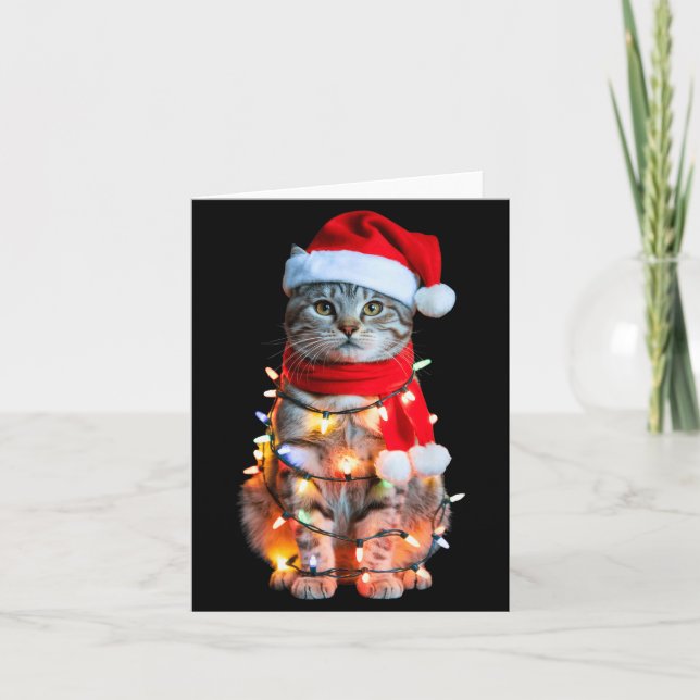 Tarjeta Cute Christmas Tabby Cat In Lights Santa Hat For K (Anverso)