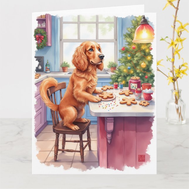 Tarjeta Cute Cocker Spaniel Hornear Pan de Jengibre Navida (flor amarilla)