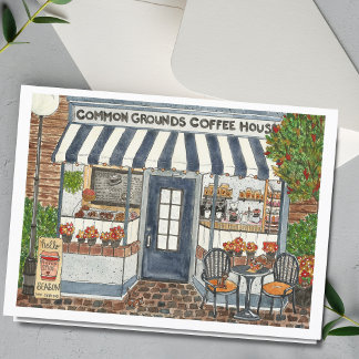 Tarjeta Cute Coffee House Storefront Watercolor Card