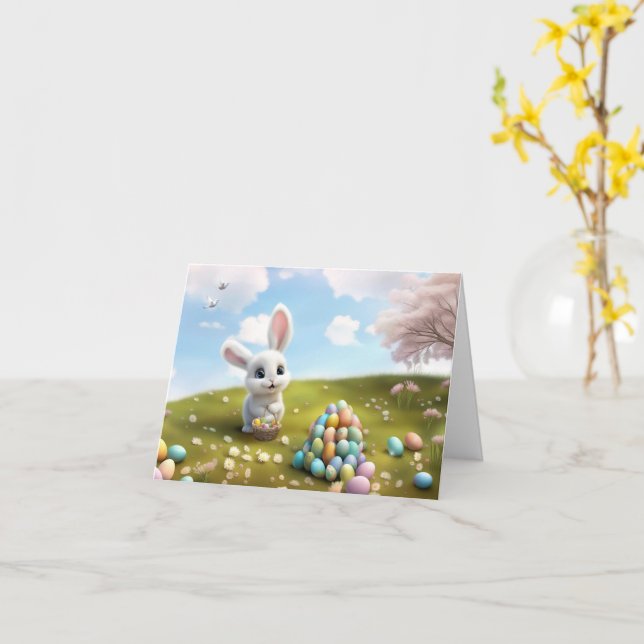 Tarjeta Cute conejo de Pascua con cesta de Pascua  (flor amarilla)