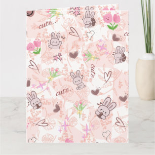 Tarjeta Cute conejo japonés Kawaii y gingham rosa a cuadro