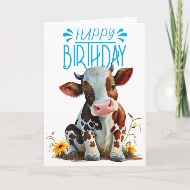 Tarjeta Cute Cow Birday Boy Blue (Anverso)