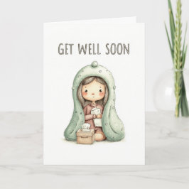 Tarjeta Cute Cozy Girl Under Blanket Get Well Soon
