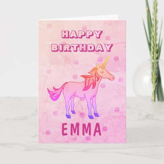 Tarjeta Cute Cumpleaños Unicornio Arcoíris Nombre (Anverso)