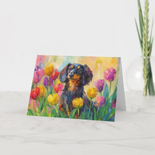 Tarjeta Cute Dachshund Colorful Tulips Pintura