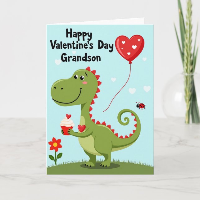Tarjeta Cute Dino Valentines Grandson Card (Anverso)
