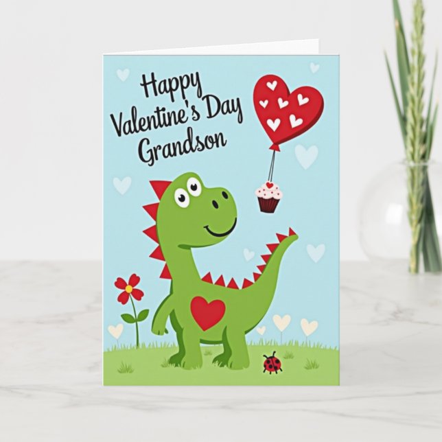 Tarjeta Cute Dinosaur Grandson Valentines Card (Anverso)