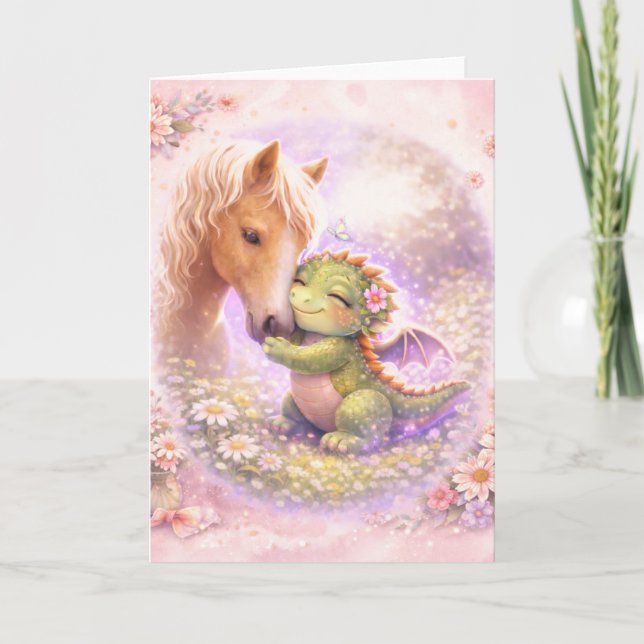 Tarjeta Cute Dragon & Horse Friendship Greeting Card (Anverso)