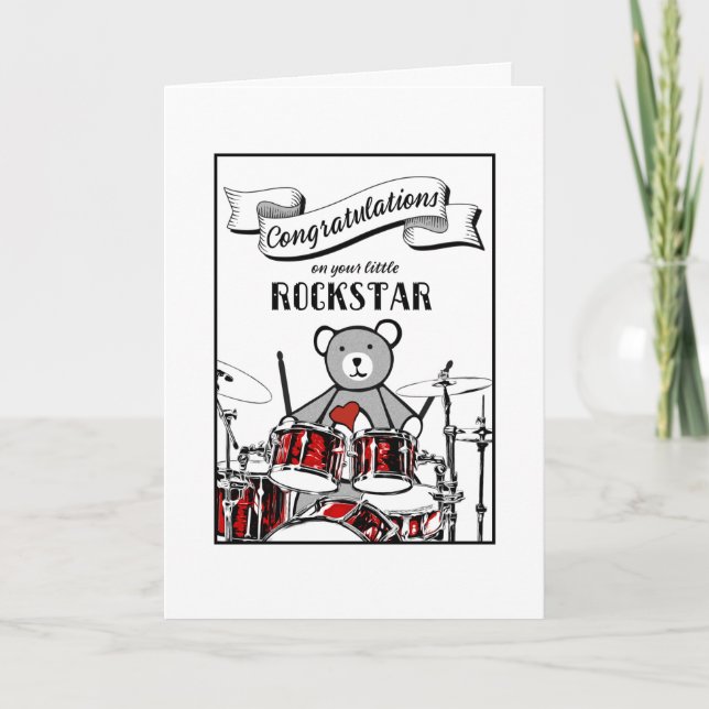 Tarjeta Cute Drummer Teddy Rockstar Rock Roll Baby Shower (Anverso)