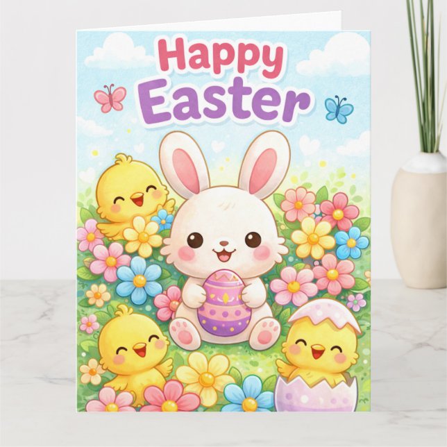 Tarjeta Cute Easter Bunny & Chicks | Happy Easter (Anverso)