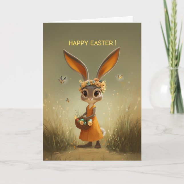 Tarjeta Cute Easter Bunny in Orange Dress w/ Basket (Anverso)