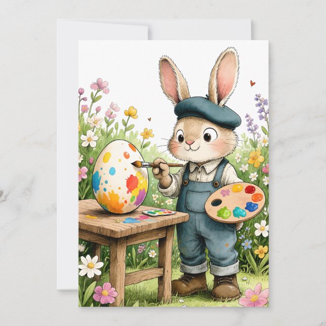 Tarjeta Cute Easter Bunny Painting Egg Whimsical Flat (Anverso)