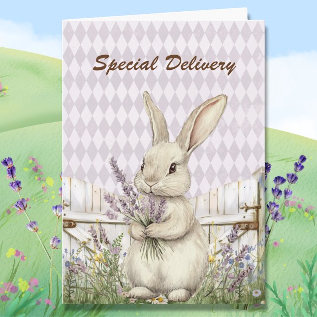 Tarjeta Cute Easter Bunny with Lavender Special Delivery (Subido por el creador)
