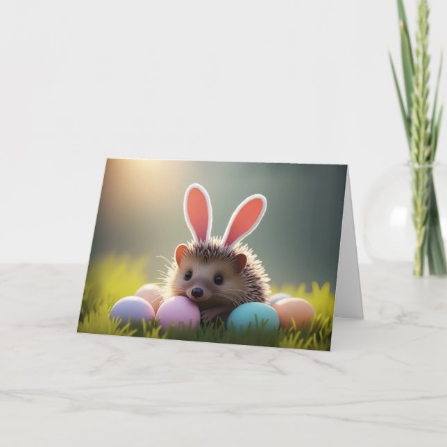 Tarjeta Cute Easter Hedgehog with Colored Eggs (Anverso)