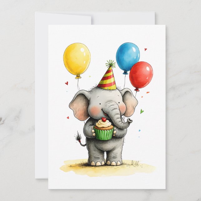 Tarjeta Cute Elefante y Cumpleaños de Niño con Cupcake Tar (Anverso)