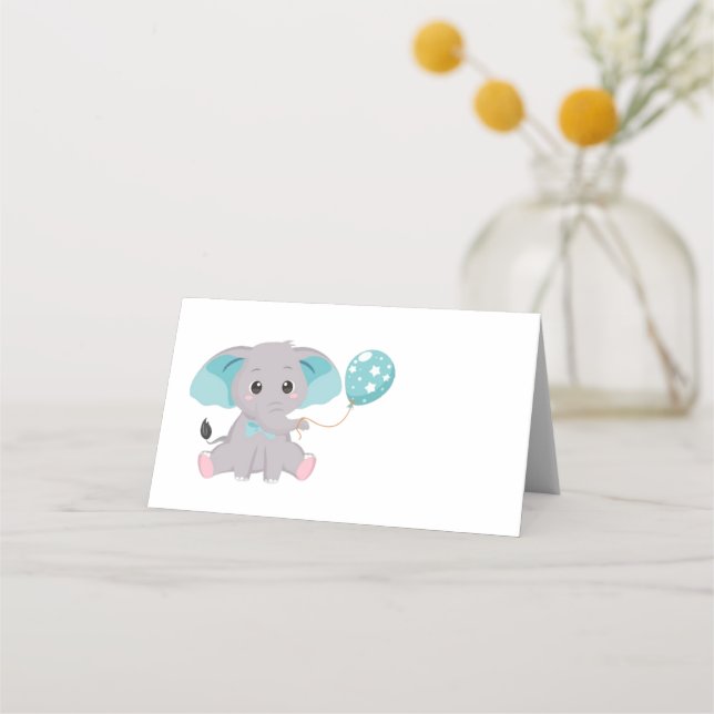 Tarjeta Cute Elephant Balloon Blue Place (Anverso)
