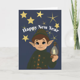 Tarjeta Cute Elf Watcher Starry Night Happy New Year Foldi