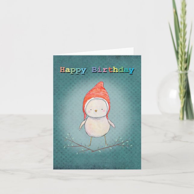 Tarjeta Cute Fairy Little Bird Pixy Gorra Rainbow Birday (Anverso)