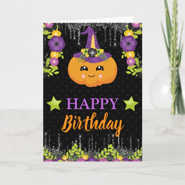 Tarjeta Cute Floral Calabaza Floral Halloween Cumpleaños (Anverso)