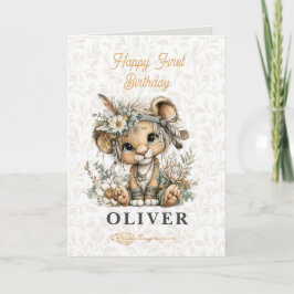 Tarjeta Cute floral lion Happy 1st Birthday Greeting Card