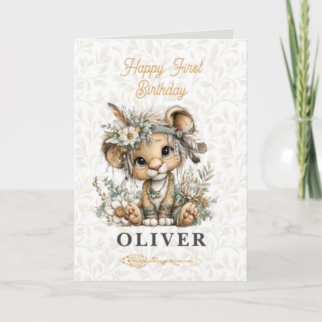 Tarjeta Cute floral lion Happy 1st Birthday Greeting Card (Anverso)