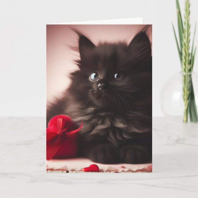 Tarjeta Cute Fluffy Black Valentten Kitten (Anverso)