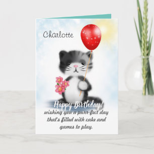 Tarjeta Cute Fluffy Kitten Art Poema Feliz Cumpleaños