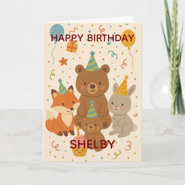 Tarjeta Cute Forest Animals Custom Birthday (Anverso)