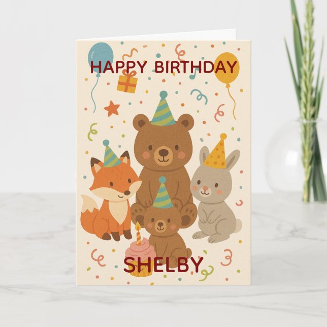 Tarjeta Cute Forest Animals Custom Birthday (Anverso)