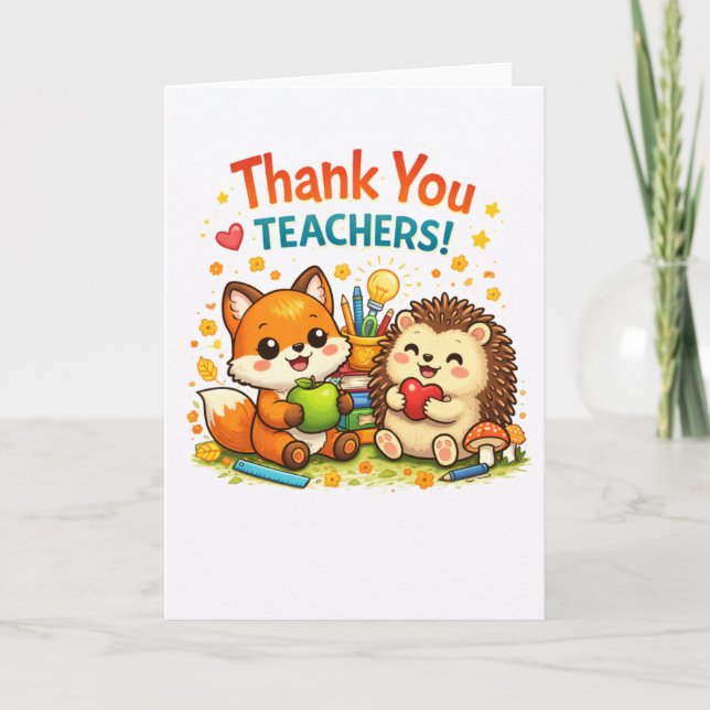 Tarjeta Cute fox and hedgehog teacher appreciation design (Anverso)