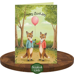Tarjeta Cute Fox Couple Forest Storybook Art Cumpleaños