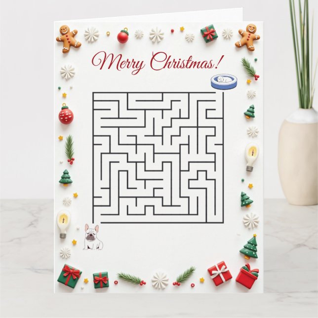 Tarjeta Cute French BullDog Christmas Maze Puzzle Holiday (Anverso)