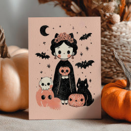 Tarjeta Cute Frida Kahlo Pink Pasteloween Feliz Halloween