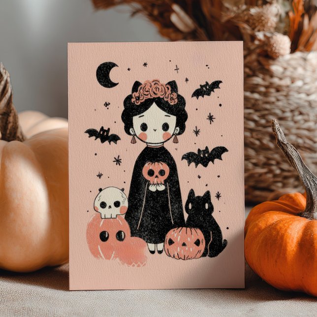 Tarjeta Cute Frida Kahlo Pink Pasteloween Feliz Halloween (Subido por el creador)