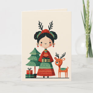 Tarjeta Cute Frida Kahlo Retro Minimalista Feliz Navidad