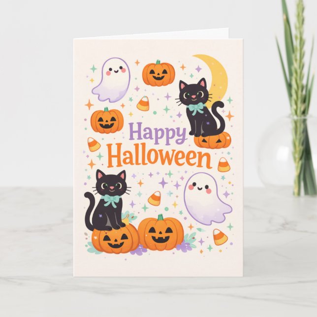 Tarjeta Cute Friendly Cats Ghosts Pumpkins Halloween  (Anverso)