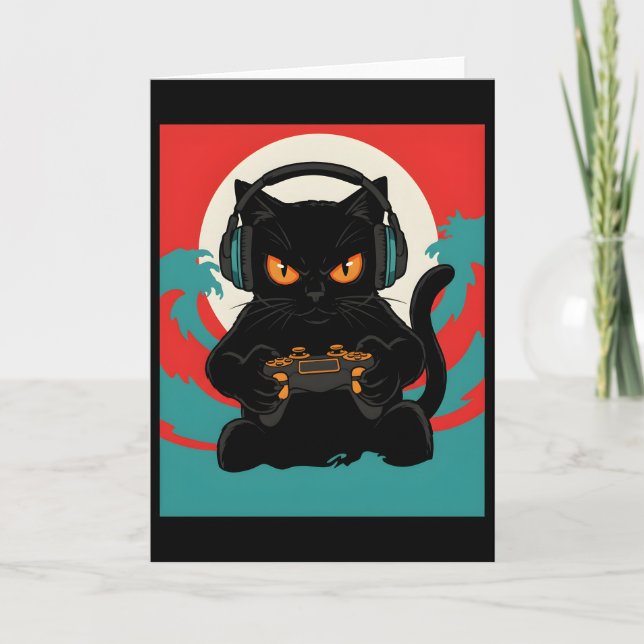 Tarjeta Cute Gamer Cat Headset Retro Console Night Scene (Anverso)