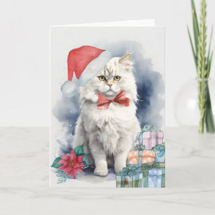 Tarjeta Cute gato blanco Santa Hat Regalos Navidades en bl