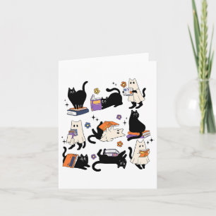 Tarjeta Cute Gato Fantasma Leer Libros Enamorar Halloween