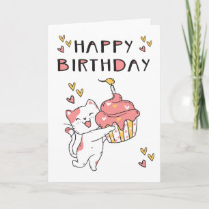 Tarjeta Cute gato Kawaii con cupakes Birthday Card