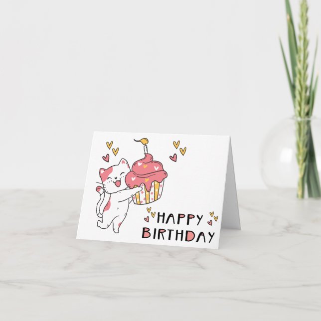 Tarjeta Cute gato Kawaii con cupakes Birthday Card (Anverso)
