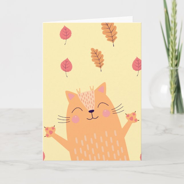 Tarjeta Cute Ginger Orange Cat Playing in Autumn Leaves (Anverso)