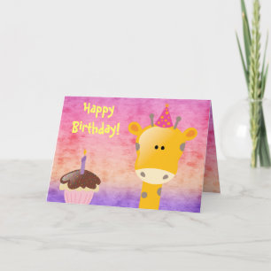 Tarjeta Cute Giraffe & Cupcake Feliz cumpleaños