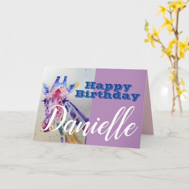Tarjeta Cute Giraffe Happy Birday Women Name Card (flor amarilla)