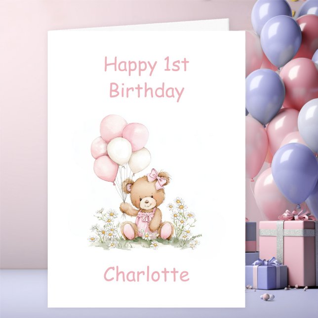Tarjeta Cute Girl Teddy Bear 1st Birthday (Subido por el creador)