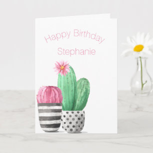 Tarjeta Cute Girly Succully Cactus acuarela Cumpleaños