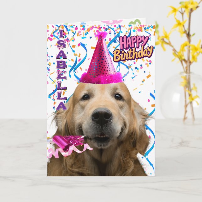 Tarjeta Cute Golden Retriever Personalized Happy Birday (flor amarilla)